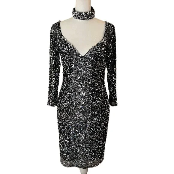 Parker Black | Dresses | Parker Black Sequin 34 Sleeve Collared Vneck Cocktail  Dress Size 6 Nwt 498
